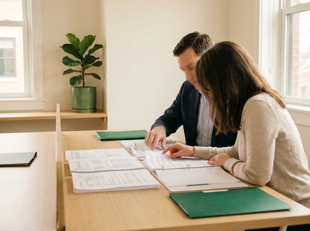 Two accountants reviewing documents together in a small firm office